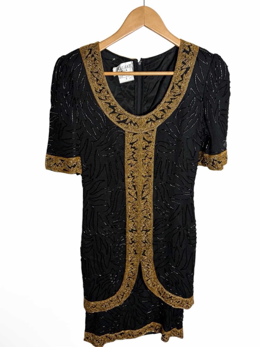 Vintage black with gold trim silk beaded double layer oriental style dress size